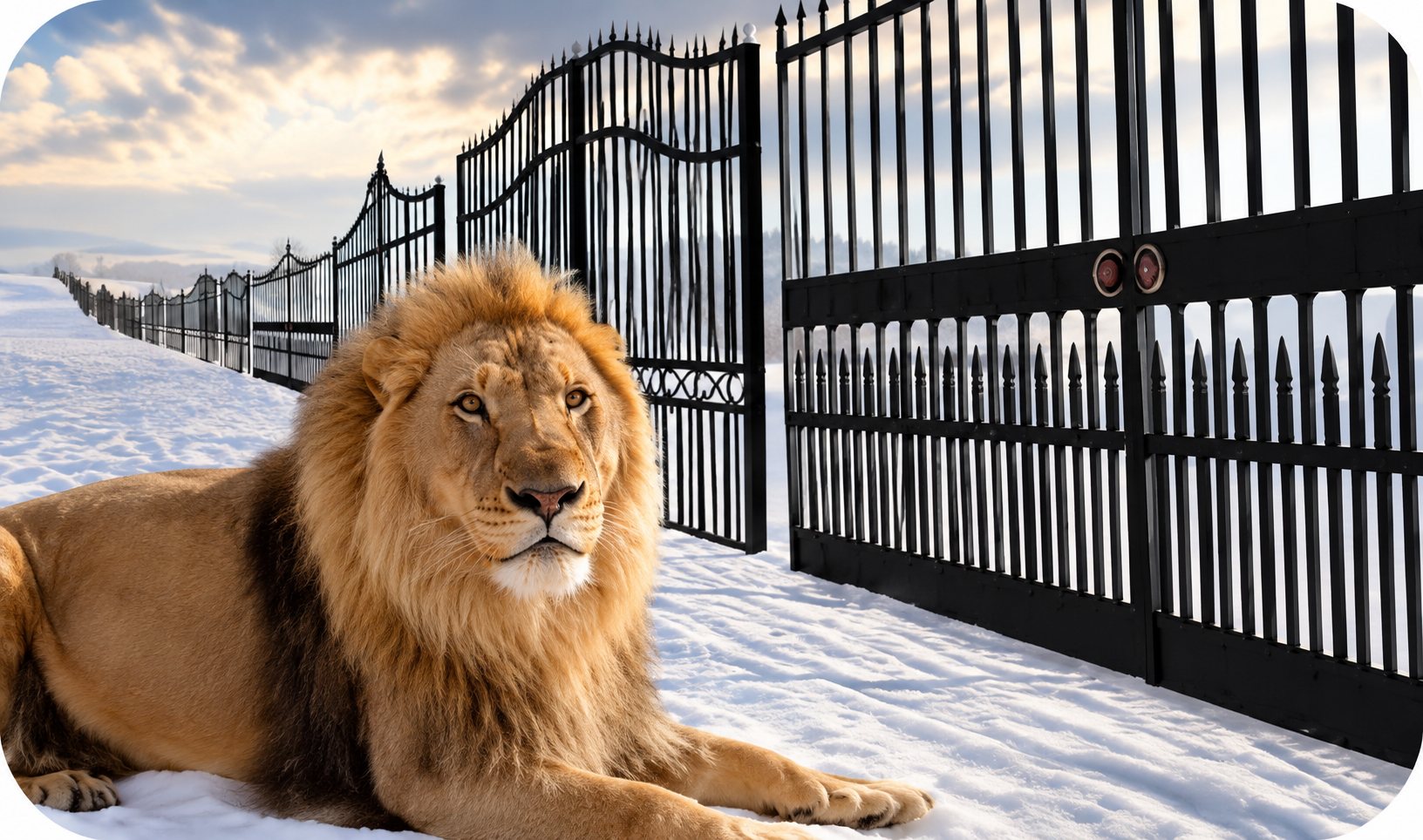Un lion allongé dans la neige devant de grands portails métalliques noirs